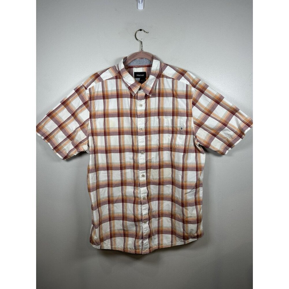 Marmot Short Sleeve Button up Shirt Size XL Plaid Orange Red